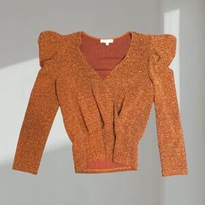 Moon River Metallic Puff-Sleeve Blouse – Rust/Gold (XS)